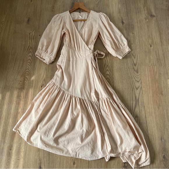 Free People Don’t Mind If I Do Midi Dress Size XS Peach Wrap Cotton Linen Mix - Picture 5 of 11